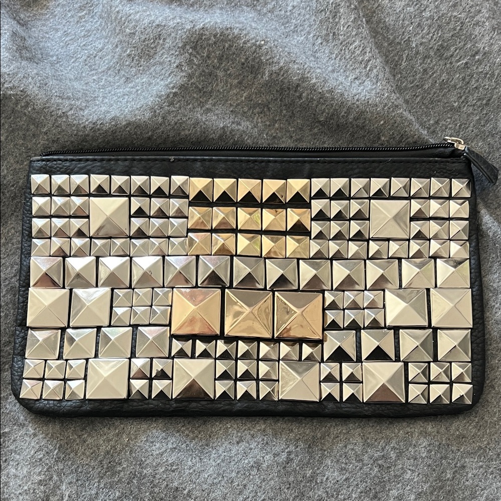 Large Studded Vegan Leather Clutch with Silver and Gold Accents